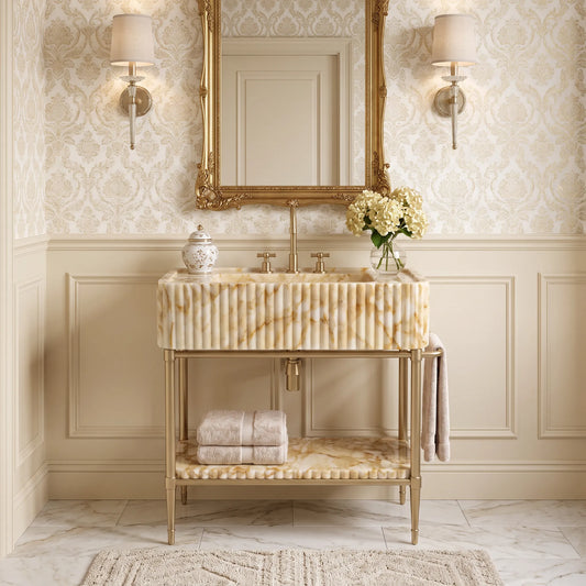 Celestia 30 inch Calacatta Gold marble bathroom vanity with sink and solid brass console legs in a luxury bathroom