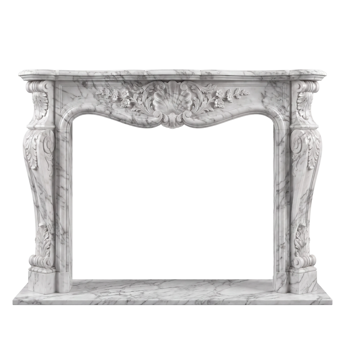 Custom Carrara White marble fireplace mantel and surround with hand-carved shell centerpiece, floral details, acanthus leaves, curved supports, and French Rococo styling.