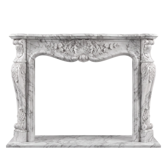Custom Carrara White marble fireplace mantel and surround with hand-carved shell centerpiece, floral details, acanthus leaves, curved supports, and French Rococo styling.