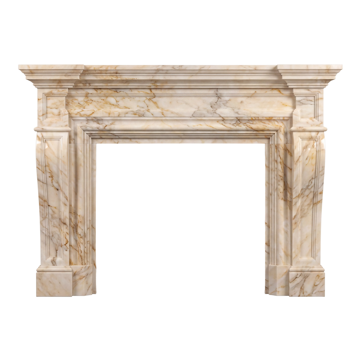 Custom Calacatta Gold marble fireplace mantel with warm gold veining, classical columns, layered molding, and French Neoclassical architectural details.
