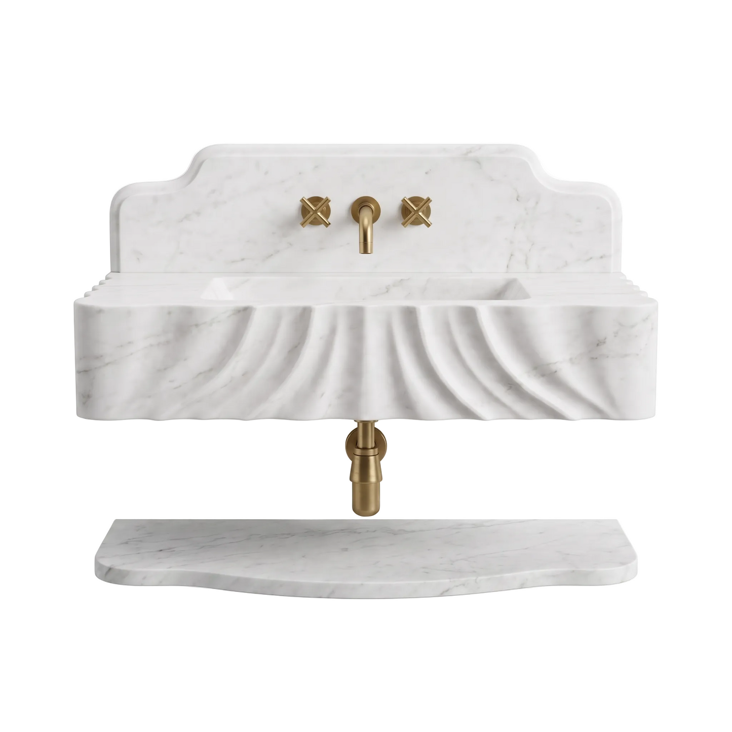 Colorado 30 inch Carrara White wall mounted marble bathroom sink with backsplash and floating marble shelf