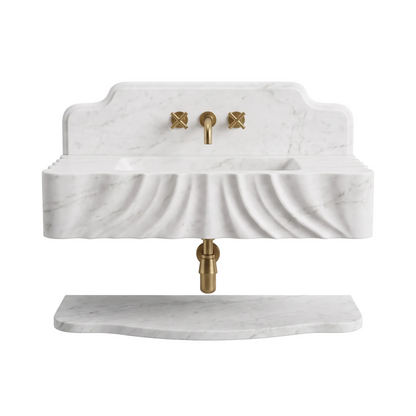 Colorado 30 inch Carrara White wall mounted marble bathroom sink with backsplash and floating marble shelf