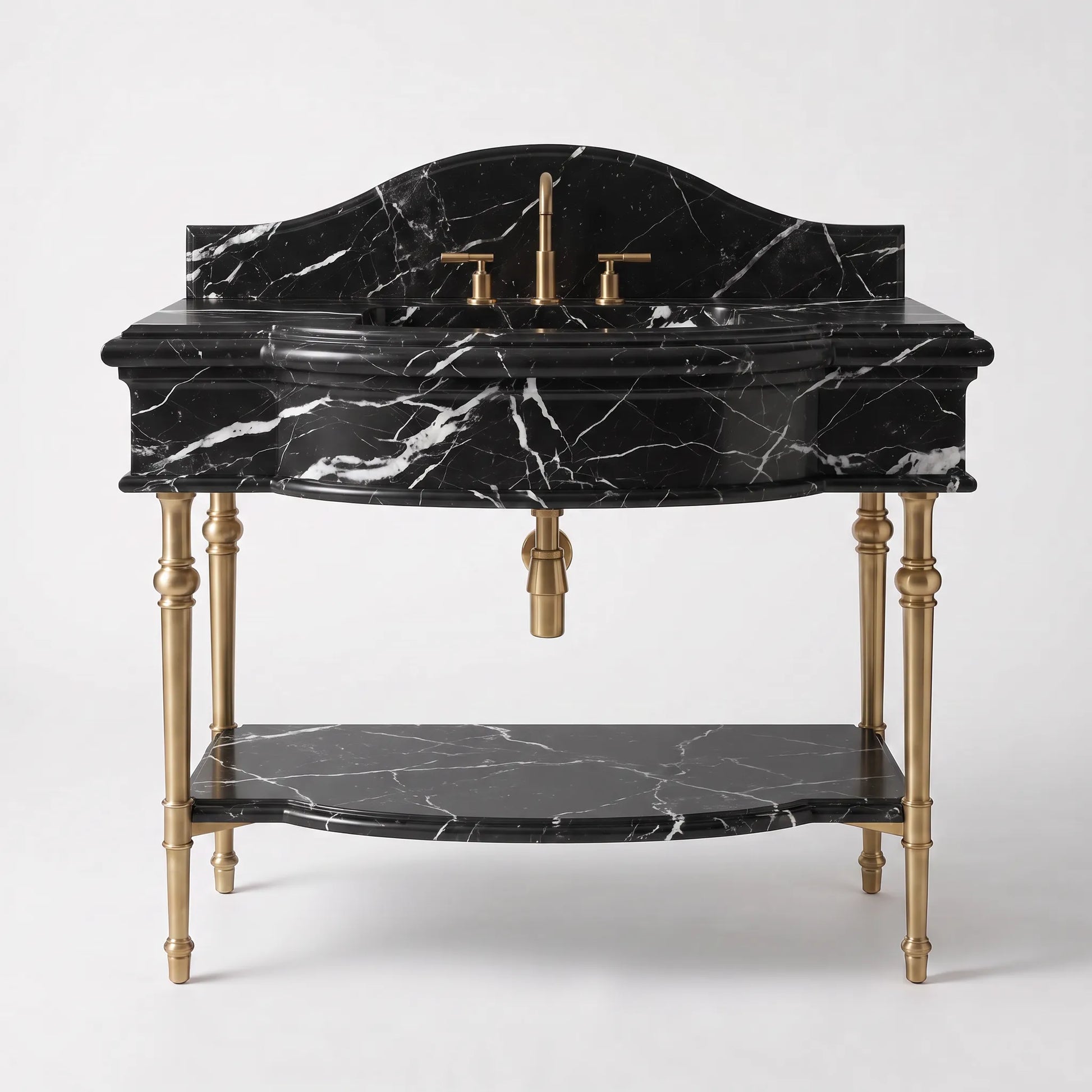 A classic-style bathroom vanity featuring a black marble sink top and matching lower shelf, supported by ornate gold-tone legs and accented with a gold faucet and handles, set against a light gray background.