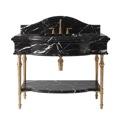 Como 30 inch Nero Marquina marble bathroom vanity with sink, solid brass console legs and matching marble shelf