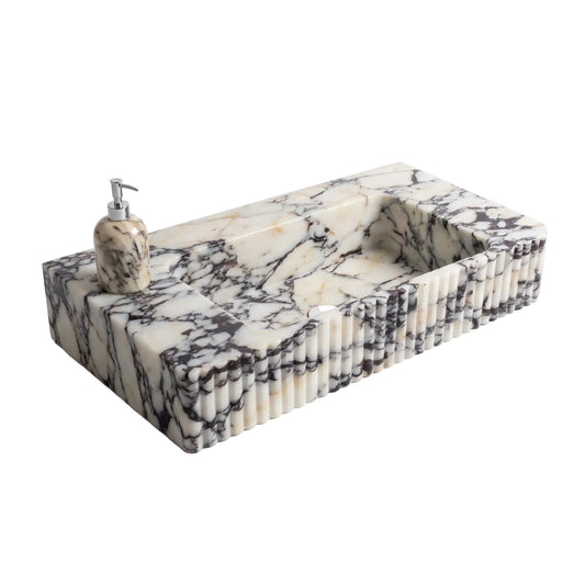 Cresta 30 inch Calacatta Viola fluted wall mounted marble bathroom sink with integrated basin