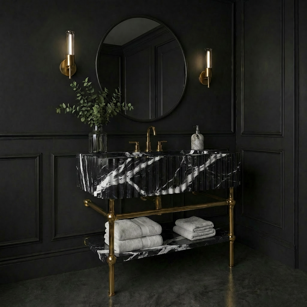 30" Nero Marquina Fluted Marble Sink With Brass Console Legs