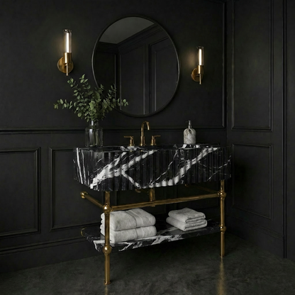 30" Nero Marquina Fluted Marble Sink With Brass Console Legs