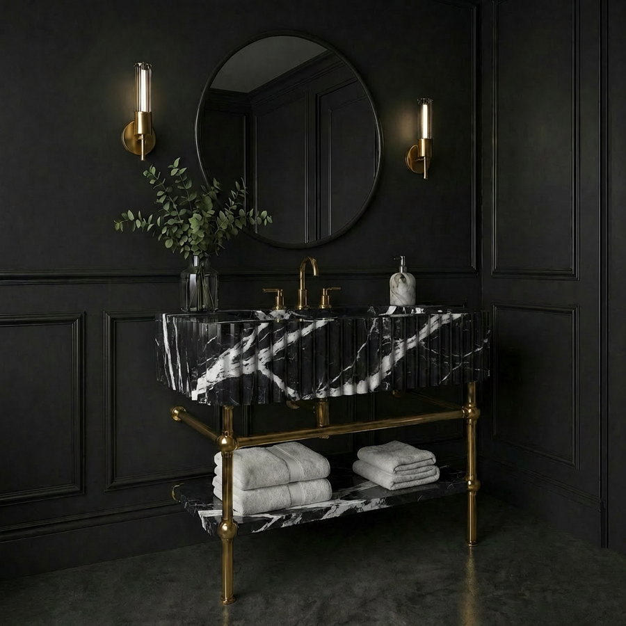 30" Nero Marquina Fluted Marble Sink With Brass Console Legs