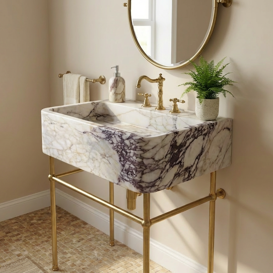 24" Calacatta Viola Marble Sink with Brass Console Legs