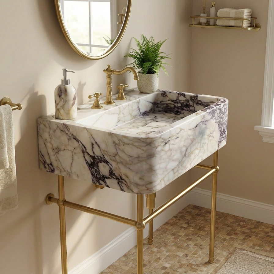 24" Calacatta Viola Marble Sink with Brass Console Legs