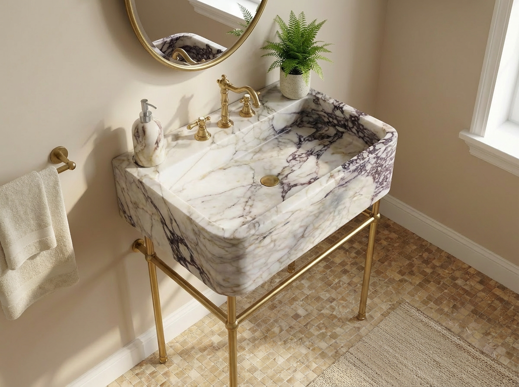 24" Calacatta Viola Marble Sink with Brass Console Legs