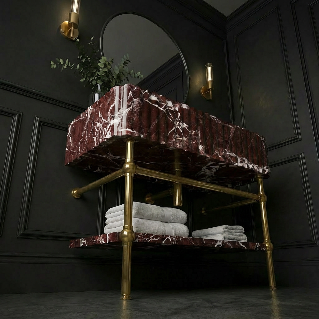 30" Rosso Levanto Fluted Marble Sink With Brass Console Legs