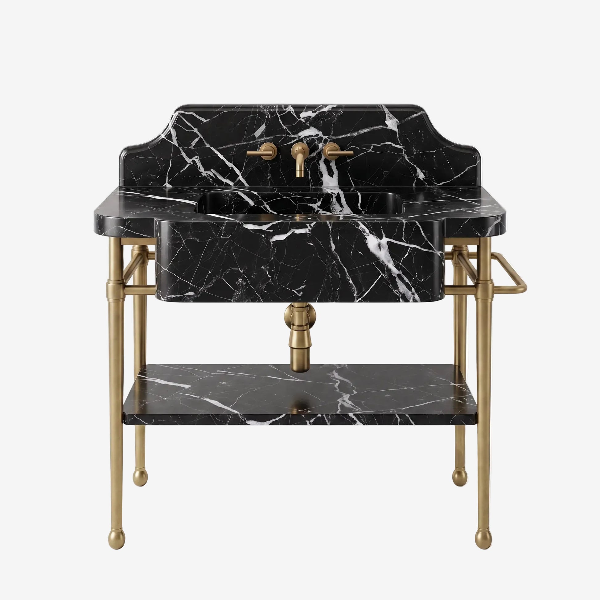 A freestanding bathroom vanity with a black marble sink and matching marble shelf, supported by ornate gold metal legs and featuring a gold faucet and handles, shown on a white background.