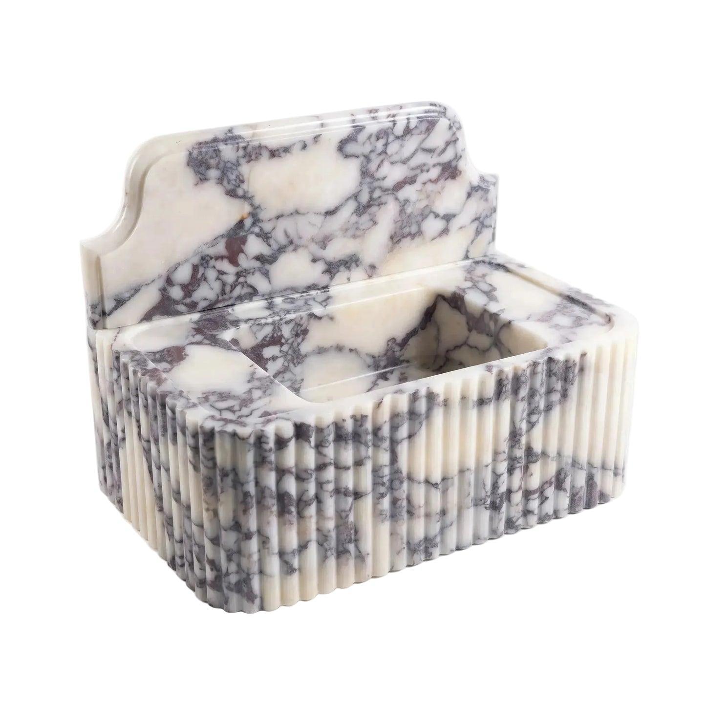 A rectangular marble tissue box cover with a fluted front edge and an open top lid, featuring a white, cream, and gray veined pattern, photographed on a clean white background.