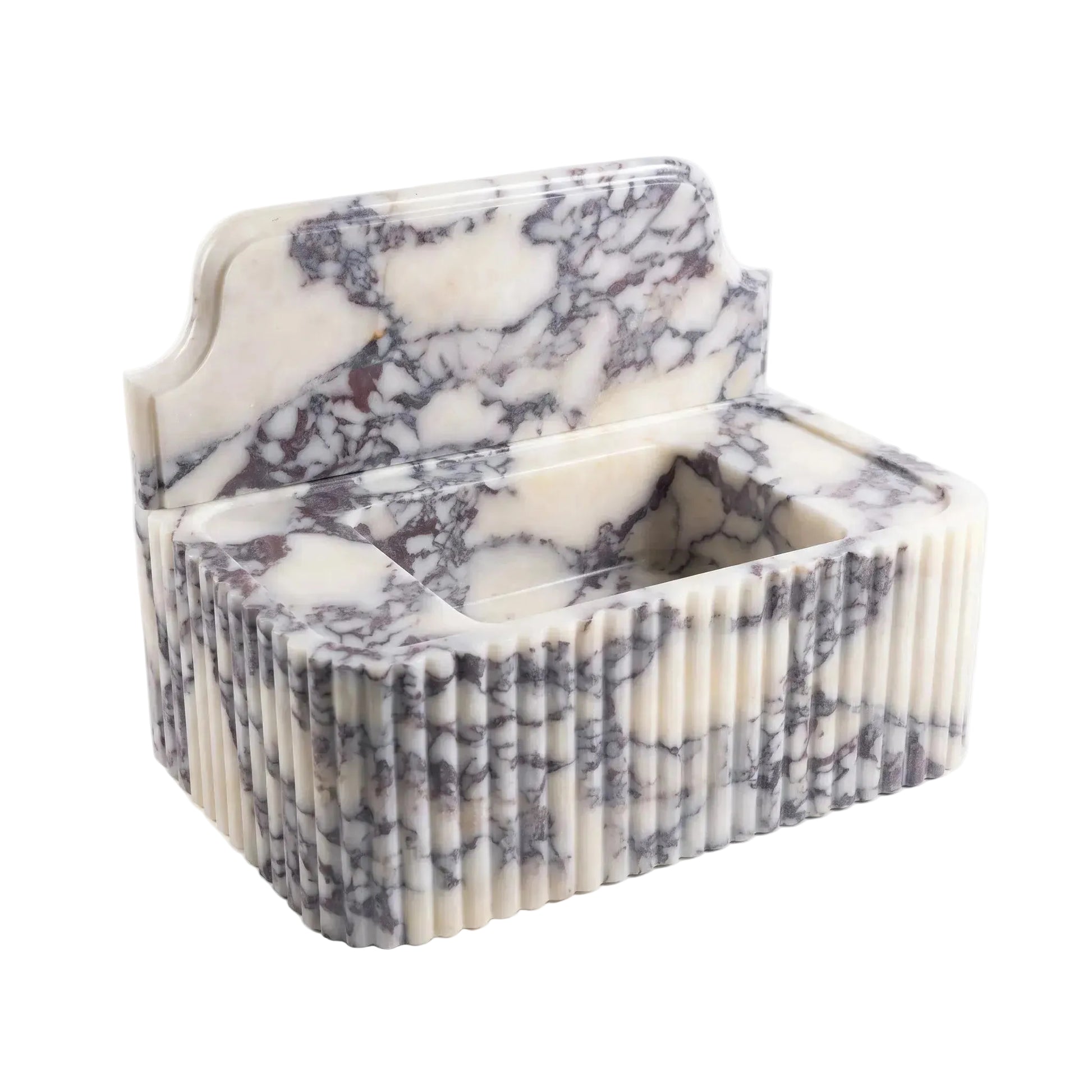 A rectangular marble tissue box cover with a fluted front edge and an open top lid, featuring a white, cream, and gray veined pattern, photographed on a clean white background.