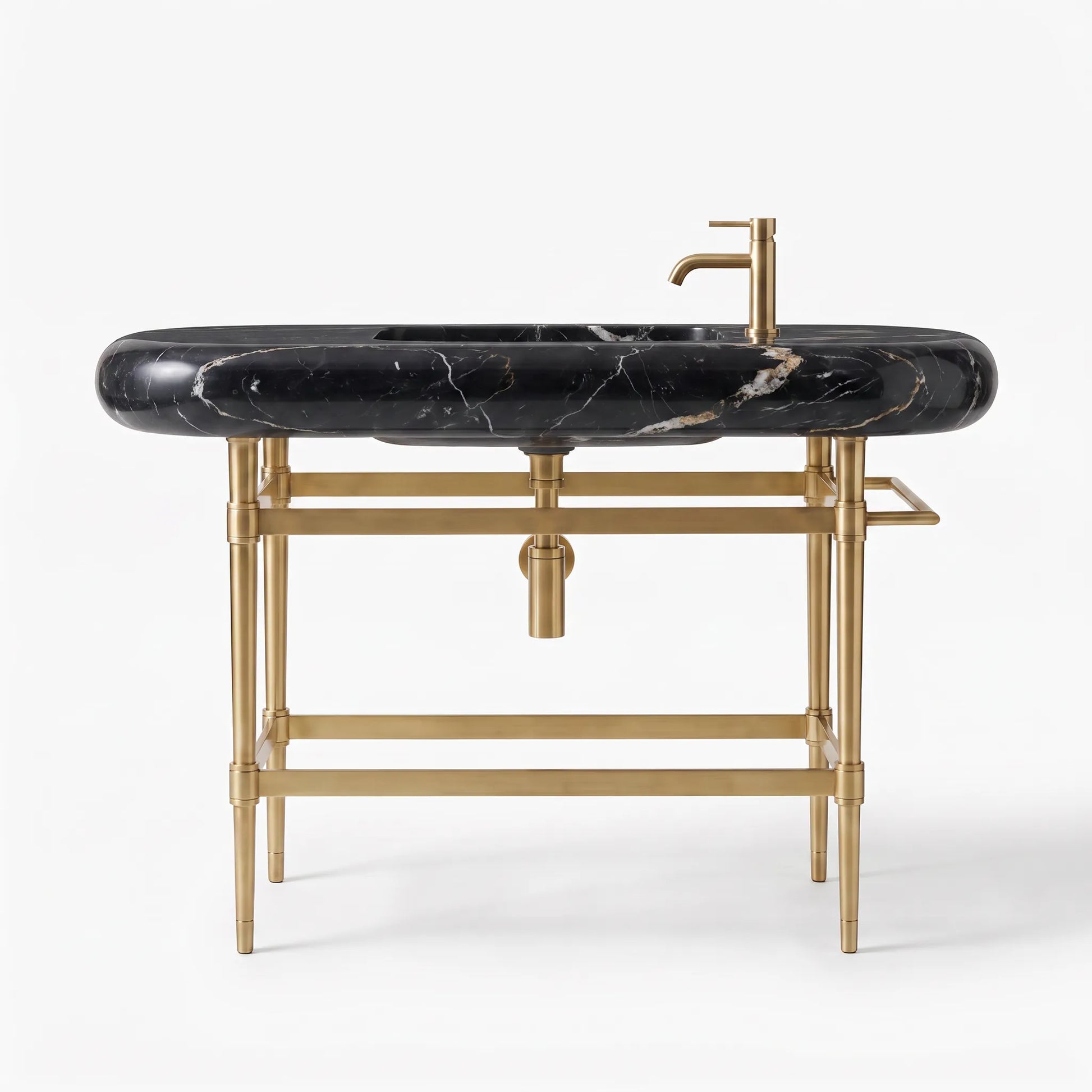 A modern bathroom vanity featuring a black marble sink basin with white veining, supported by a polished gold brass frame with a matching faucet and towel bar, set against a plain white background.