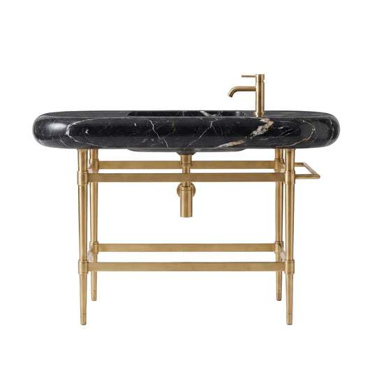 Elysia 48 inch Nero Marquina marble bathroom vanity sink with solid brass console legs and integrated towel bars