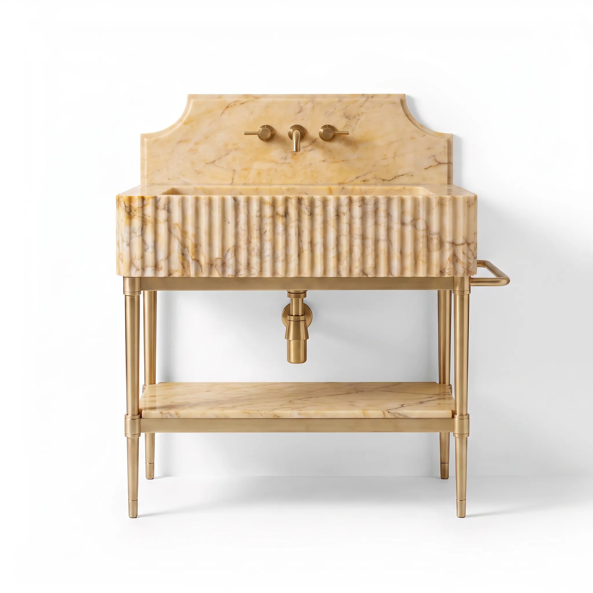 A vintage-style bathroom vanity sink with a cream and gold marble basin, fluted front, and gold-finished metal frame, legs, and faucet hardware, shown against a plain white background.
