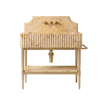Essence 30 inch Calacatta Gold marble bathroom vanity with sink, fluted front and solid brass console legs