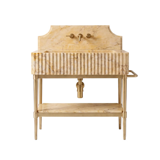 Essence 30 inch Calacatta Gold marble bathroom vanity with sink, fluted front and solid brass console legs