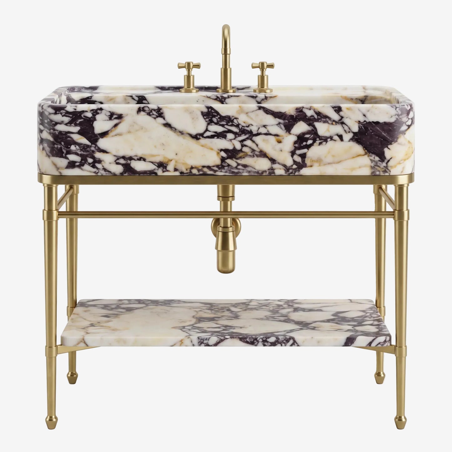 A freestanding bathroom vanity with a rectangular basin and matching shelf, featuring a cream and black veined marble look with polished gold-tone metal frame, legs, faucet, and handles, shown on a white background.
