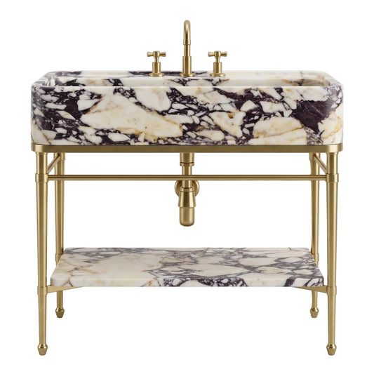 Evora 30 inch Calacatta Viola marble bathroom vanity with sink, solid brass console legs and matching marble shelf