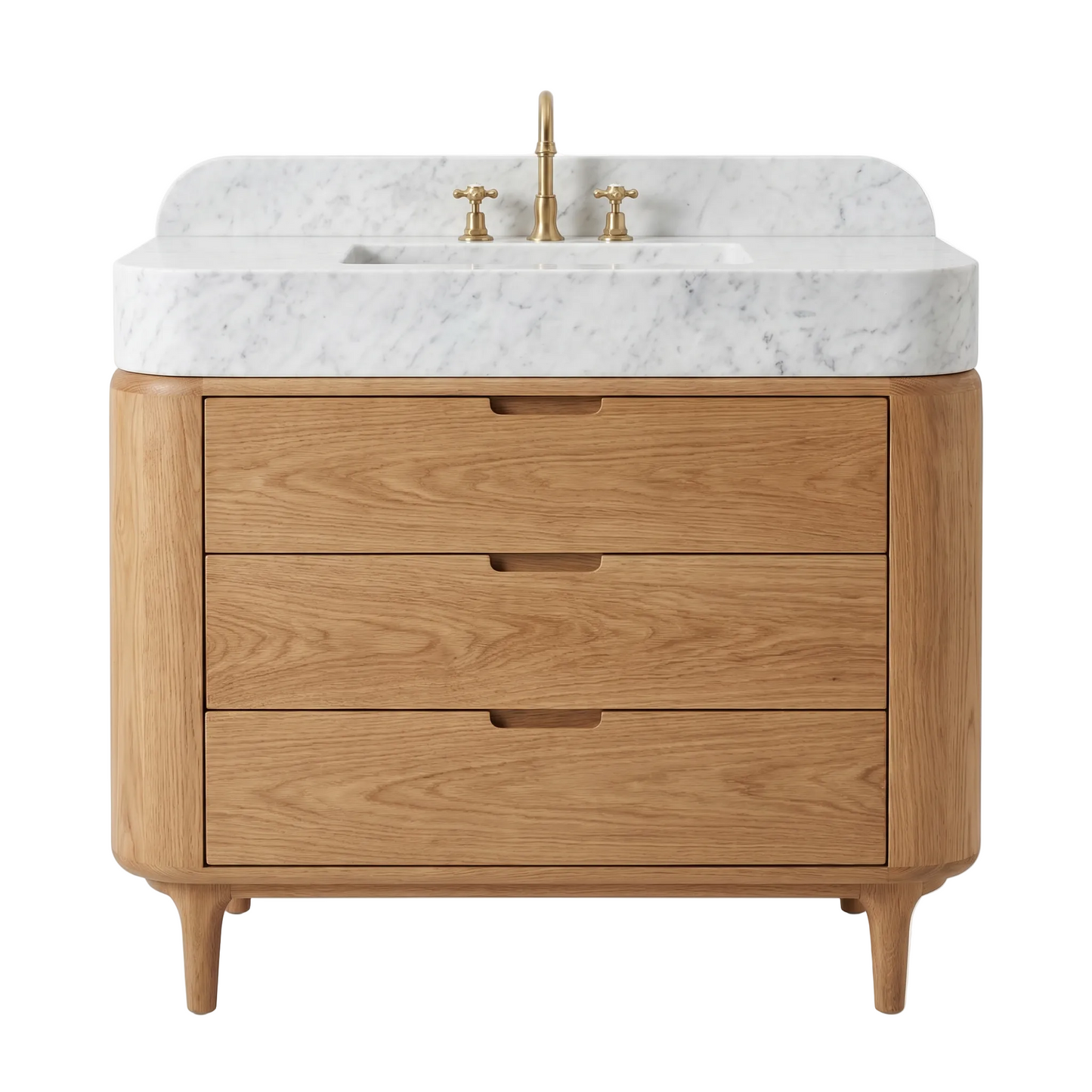 Exmoor custom Carrara White marble bathroom vanity with integrated sink, backsplash and natural oak cabinet