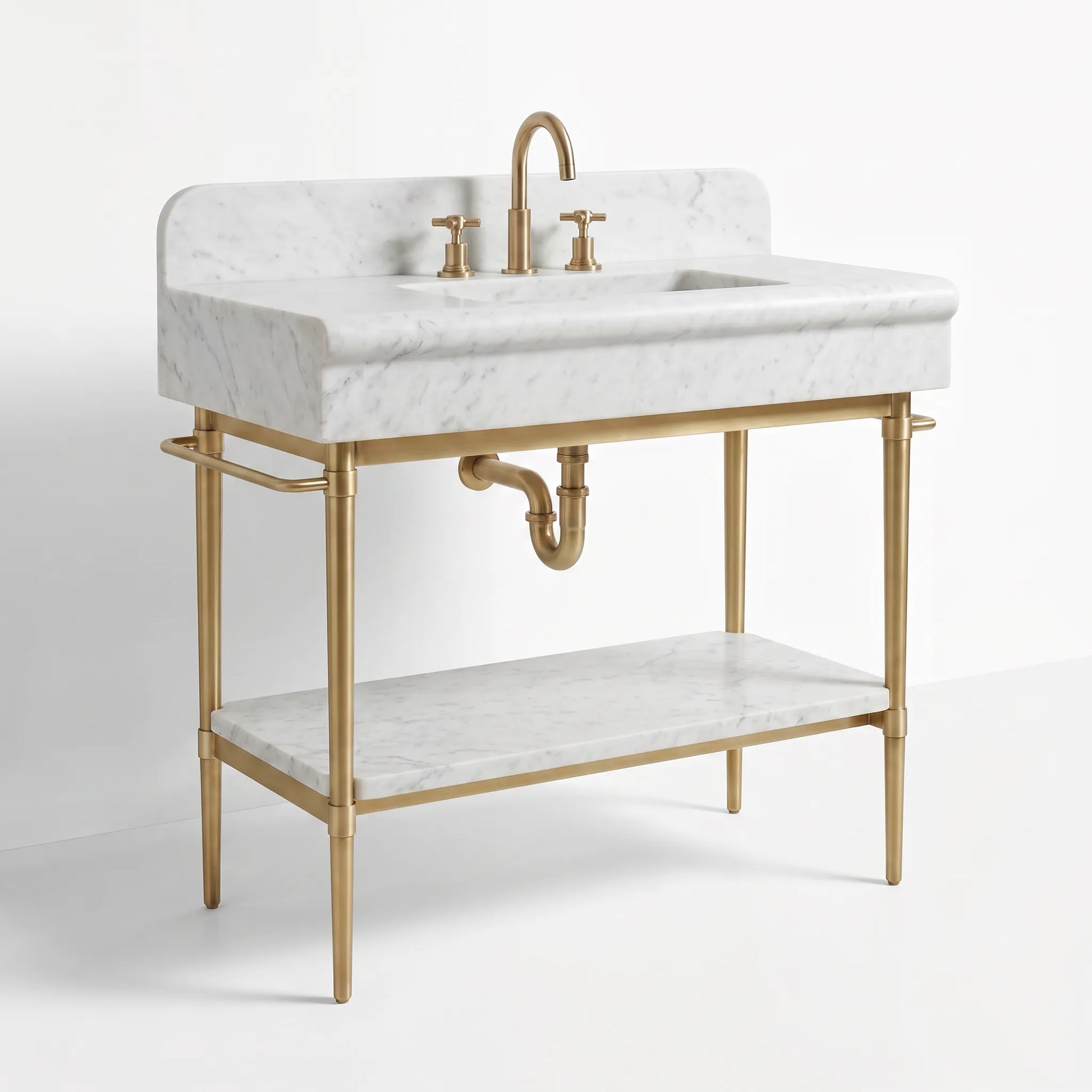 A modern bathroom vanity with a white marble sink top and lower shelf, supported by a brushed gold metal frame with a matching curved faucet and two-handle fixture.