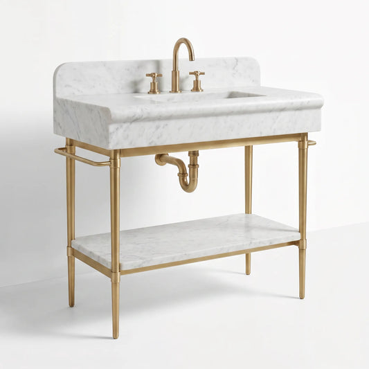 A modern bathroom vanity with a white marble sink top and lower shelf, supported by a brushed gold metal frame with a matching curved faucet and two-handle fixture.