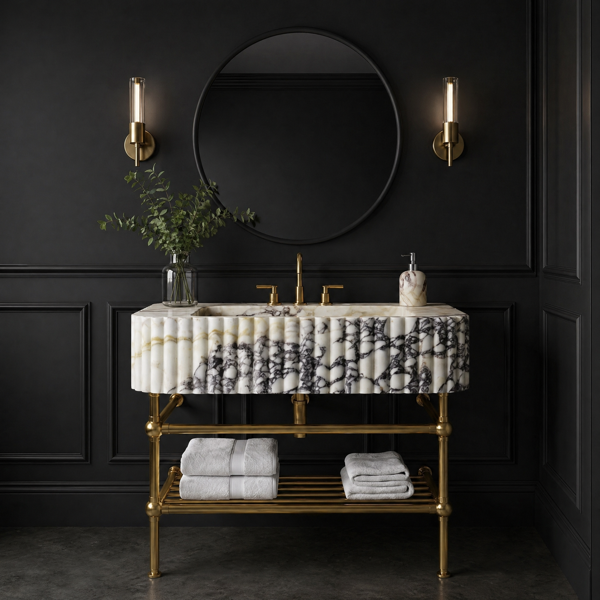 Calacatta Viola Fluted Marble Sink 24" With Brass Console Legs