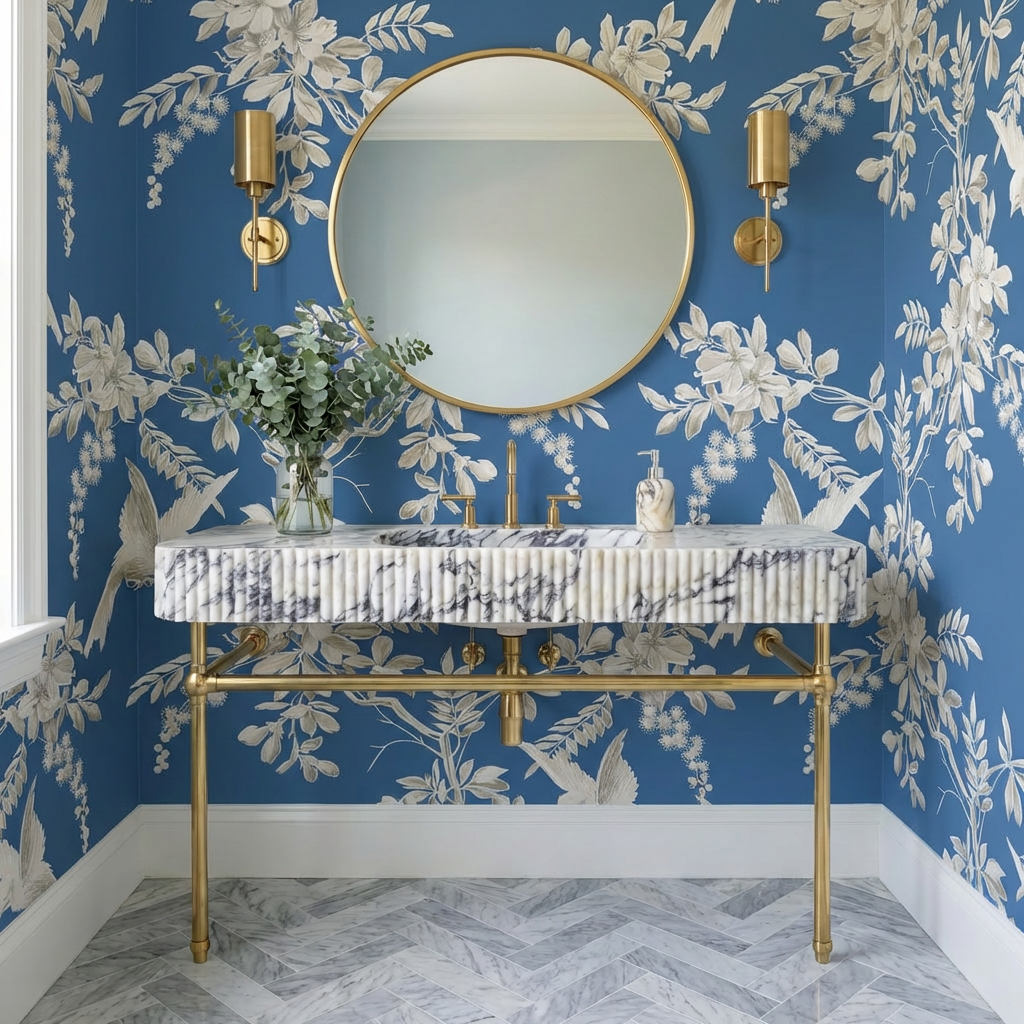 60" Calacatta Viola Fluted Marble Sink with Brass Console Legs