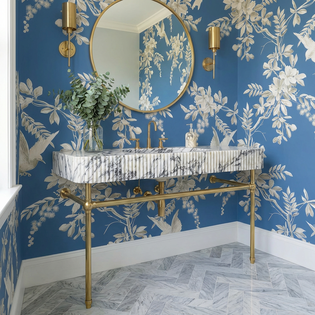60" Calacatta Viola Fluted Marble Sink with Brass Console Legs