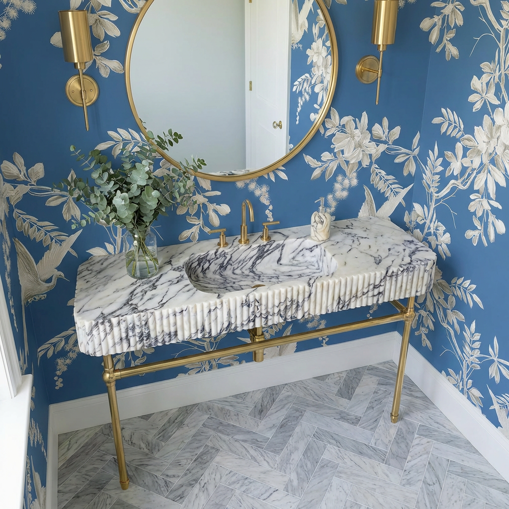 60" Calacatta Viola Fluted Marble Sink with Brass Console Legs