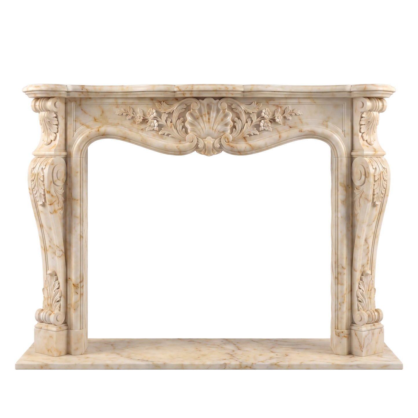 Custom Calacatta Gold marble fireplace mantel with hand-carved floral motifs, acanthus leaves, curved legs, and ornate French Rococo detailing.