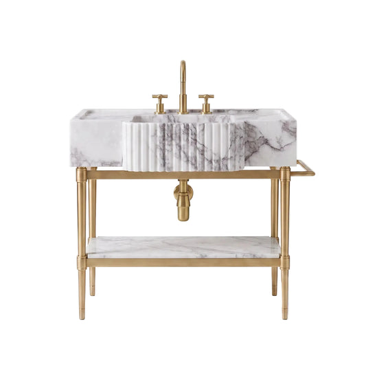 Forma 30 inch Lilac marble bathroom vanity with sink, fluted front, solid brass console legs and matching marble shelf