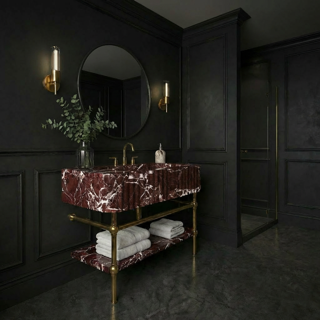 30" Rosso Levanto Fluted Marble Sink With Brass Console Legs