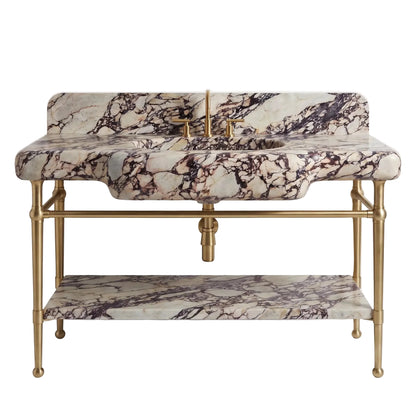 Halo 30 inch Calacatta Viola marble bathroom vanity with sink, solid brass console legs and matching marble shelf