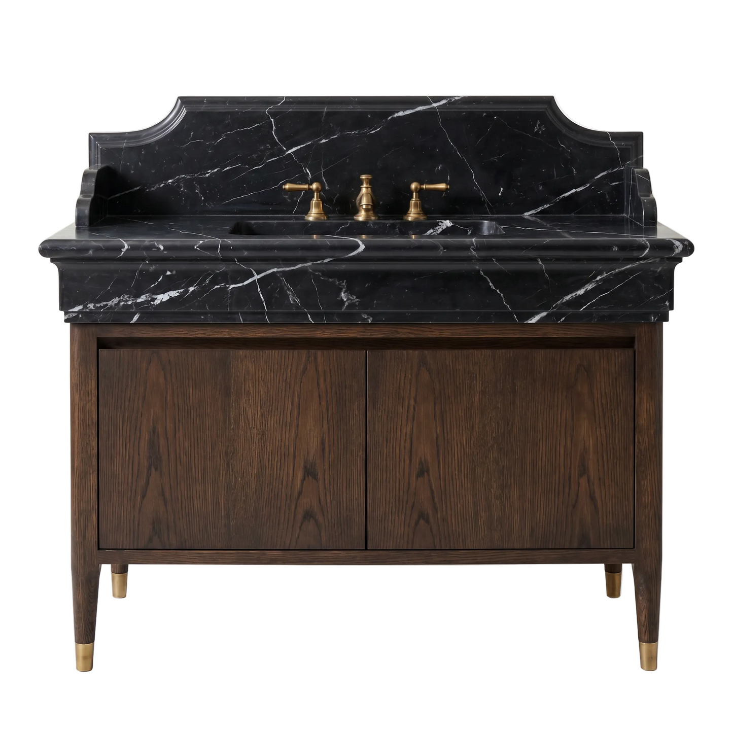 Harrington custom Nero Marquina marble bathroom vanity with integrated sink, backsplash and handcrafted walnut cabinet