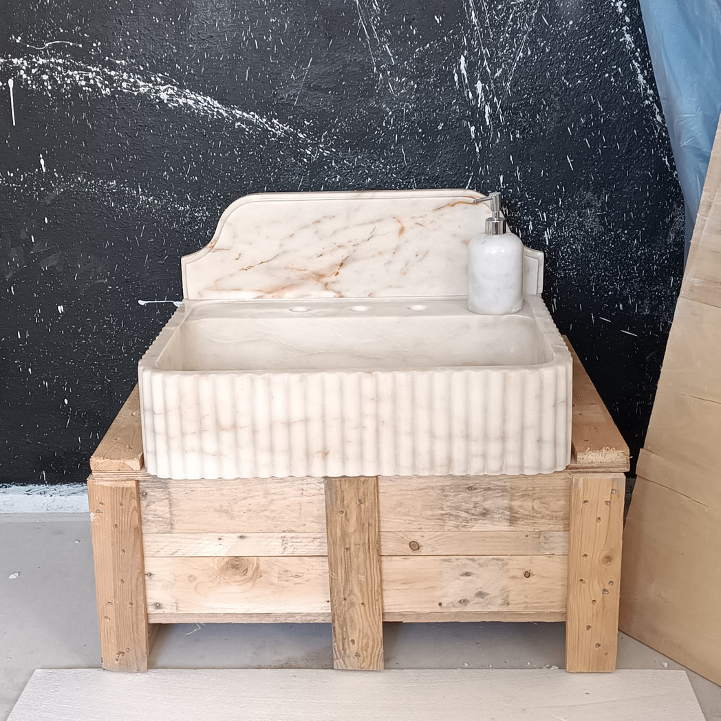 24" Calacatta Gold Fluted Marble Sink with backsplash