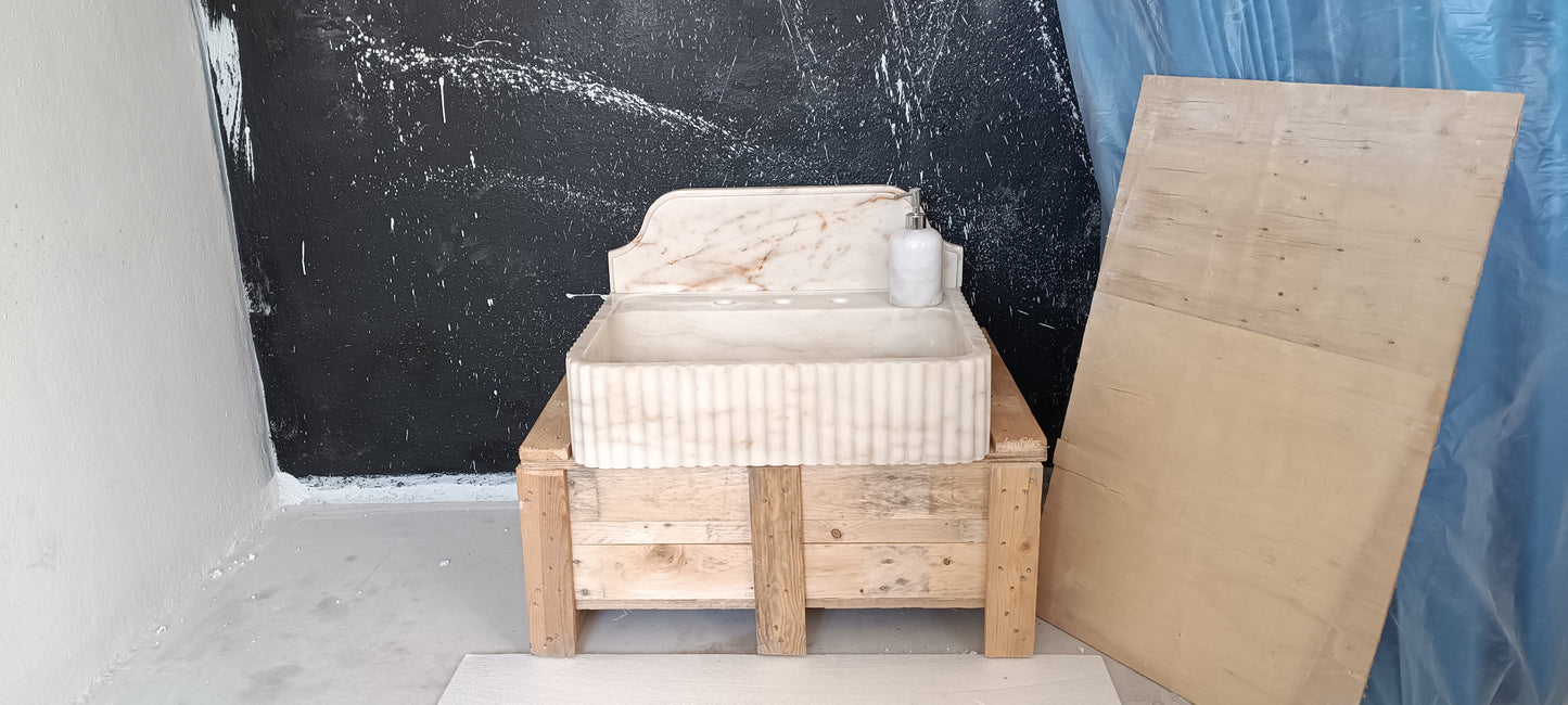 24" Calacatta Gold Fluted Marble Sink with backsplash