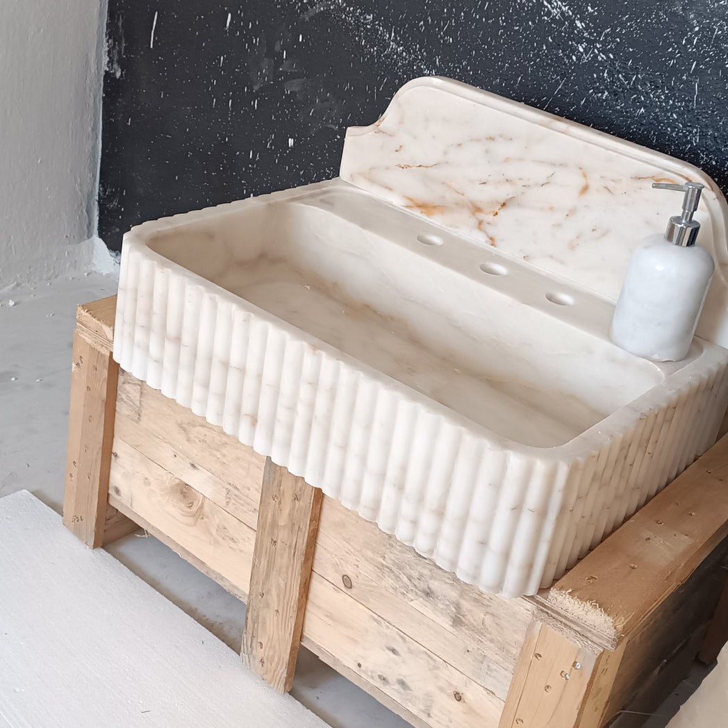 24" Calacatta Gold Fluted Marble Sink with backsplash