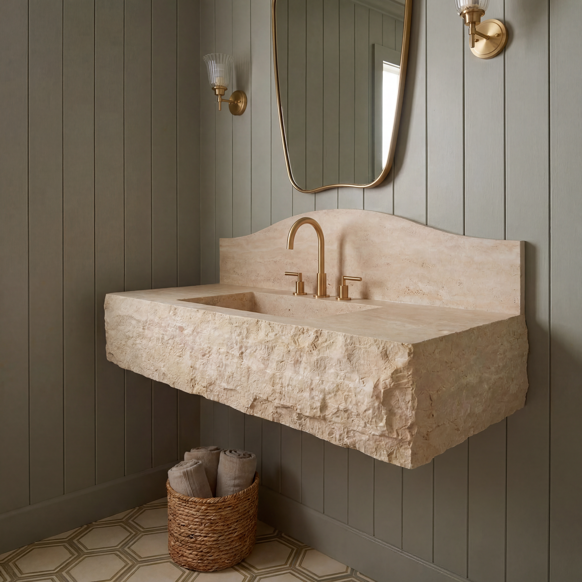 40" Travertine Marble Sink  – Wall Mounted Floating Vanity