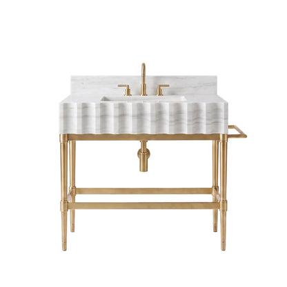 Imperia 30 inch Carrara White marble bathroom vanity with sculpted sink and solid brass console legs
