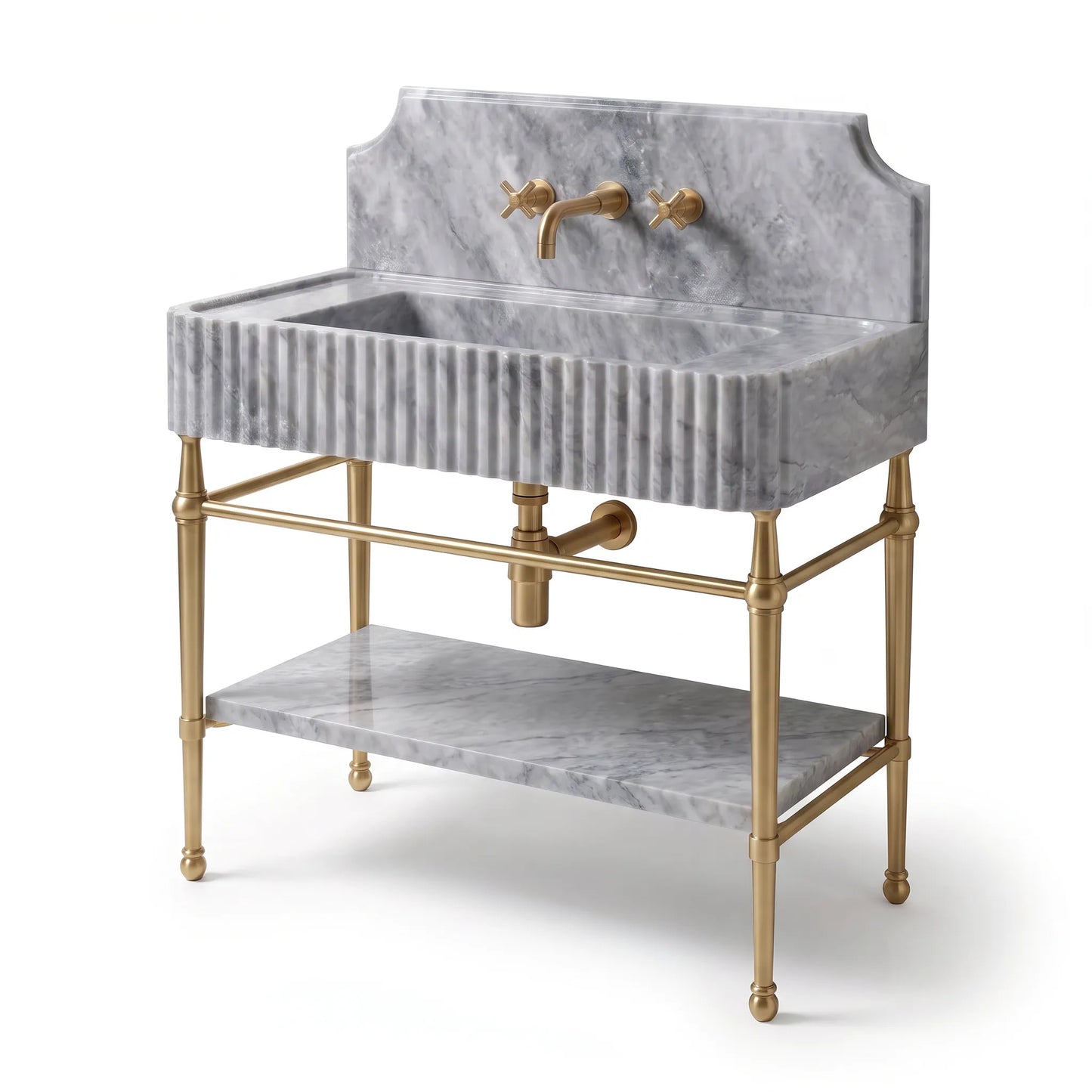 A freestanding rectangular sink vanity with a gray marble basin, matching marble backplate and lower shelf, and a gold-tone metal frame with cross handles and faucet.