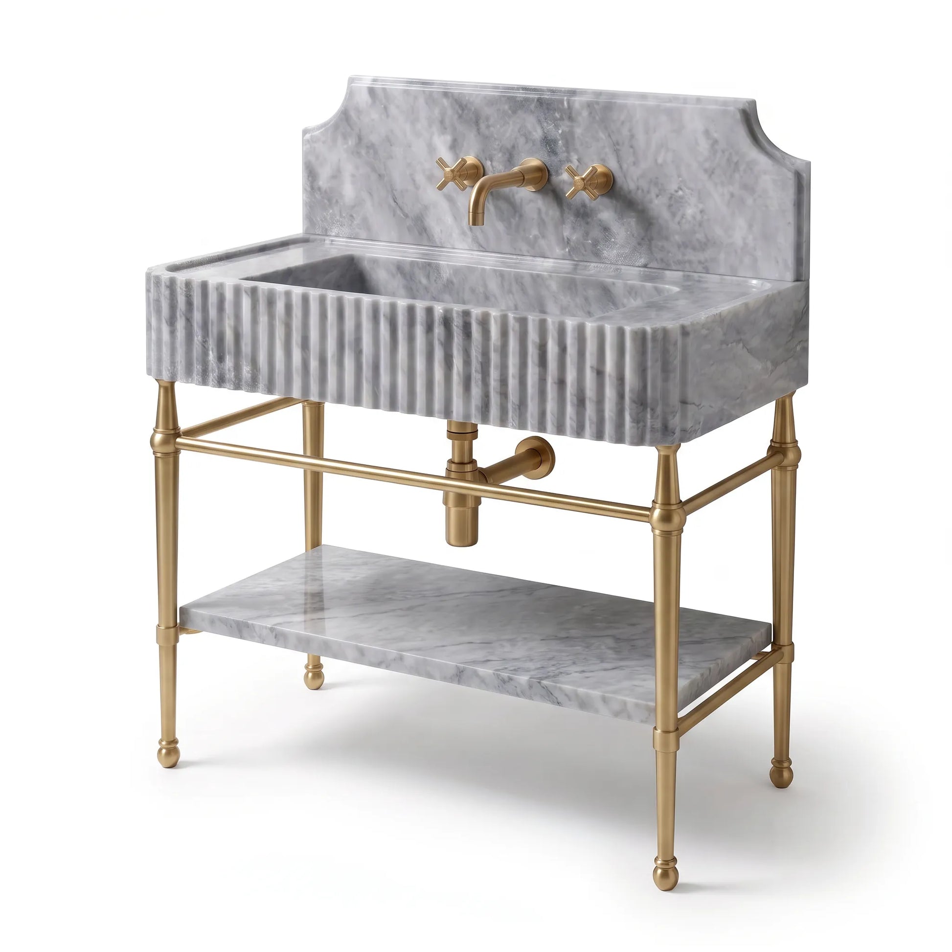 A freestanding rectangular sink vanity with a gray marble basin, matching marble backplate and lower shelf, and a gold-tone metal frame with cross handles and faucet.
