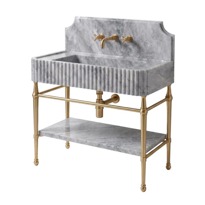 Imperial 30 inch Gray marble bathroom vanity with sink, solid brass console legs and matching marble shelf