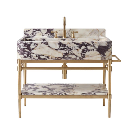 Isola 30 inch Calacatta Viola marble bathroom vanity with sink, solid brass console legs and matching marble shelf
