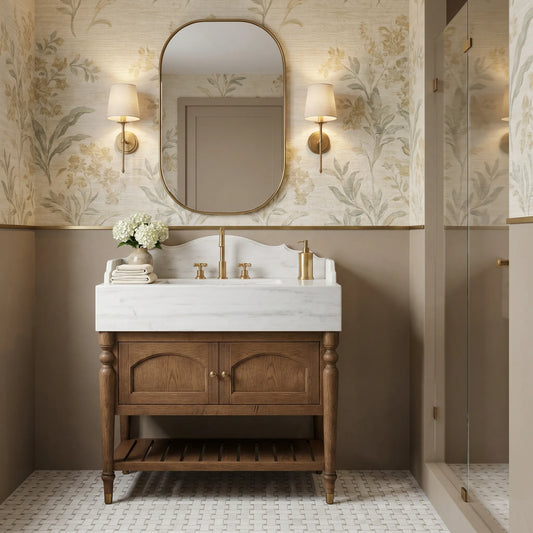 Carrara white marble bathroom vanity with sink and walnut cabinet in luxury bathroom interior