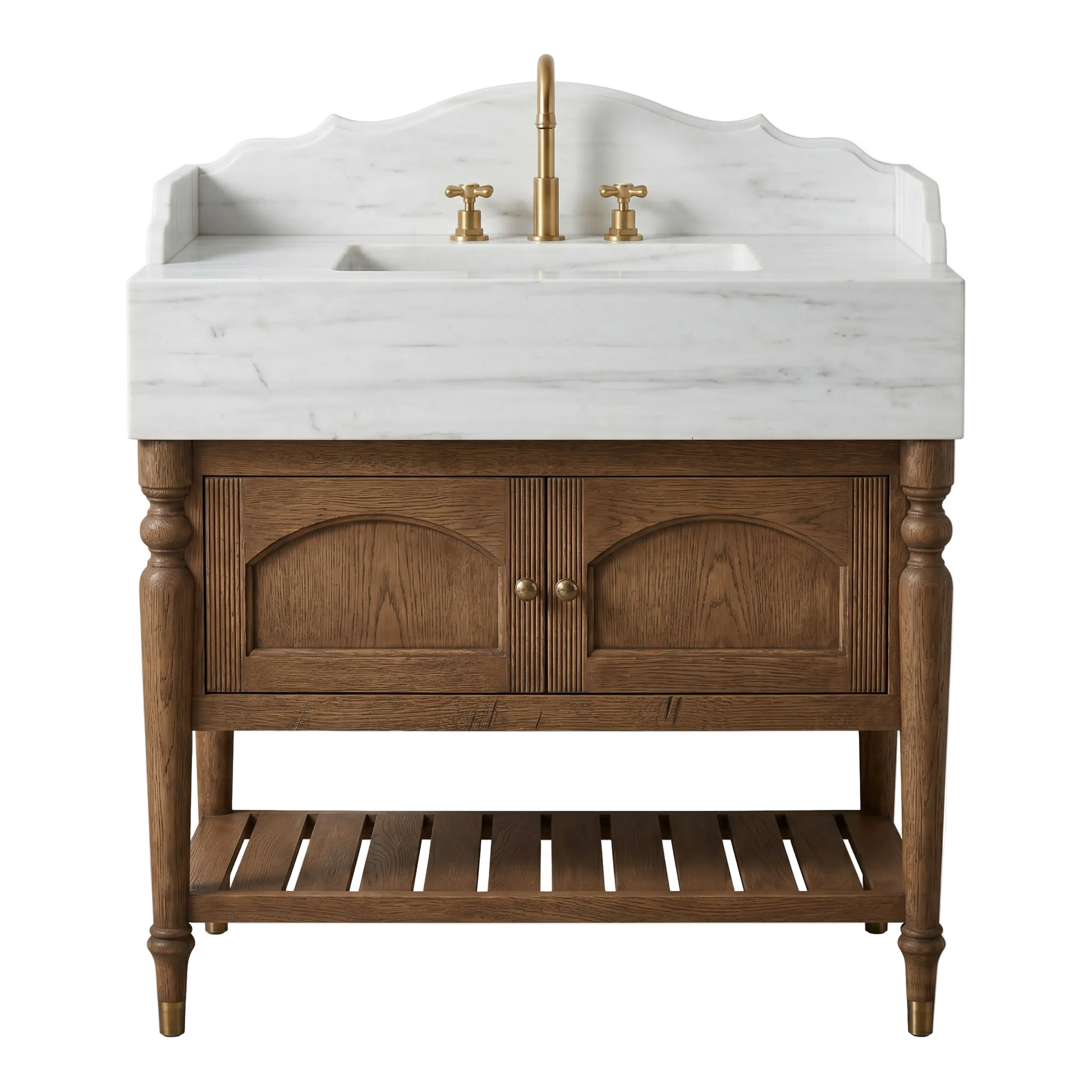 Iverstone Carrara marble bathroom vanity with integrated sink, scalloped backsplash and walnut cabinet