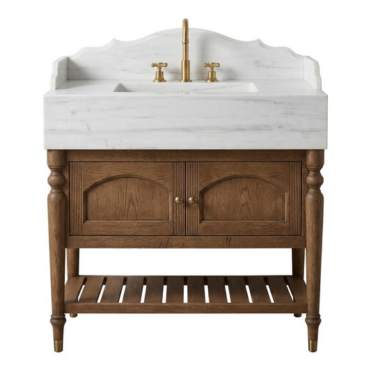 Iverstone Carrara marble bathroom vanity with integrated sink, scalloped backsplash and walnut cabinet